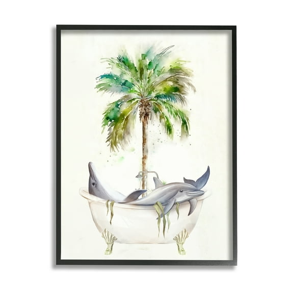 Stupell Tropical Dolphins Bathroom Tub Animals & Insects Painting Black Framed Art Print Wall Art