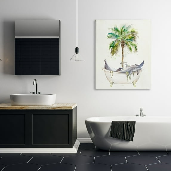 Stupell Tropical Dolphins Bathroom Tub Animals & Insects Painting Gallery Wrapped Canvas Print Wall Art