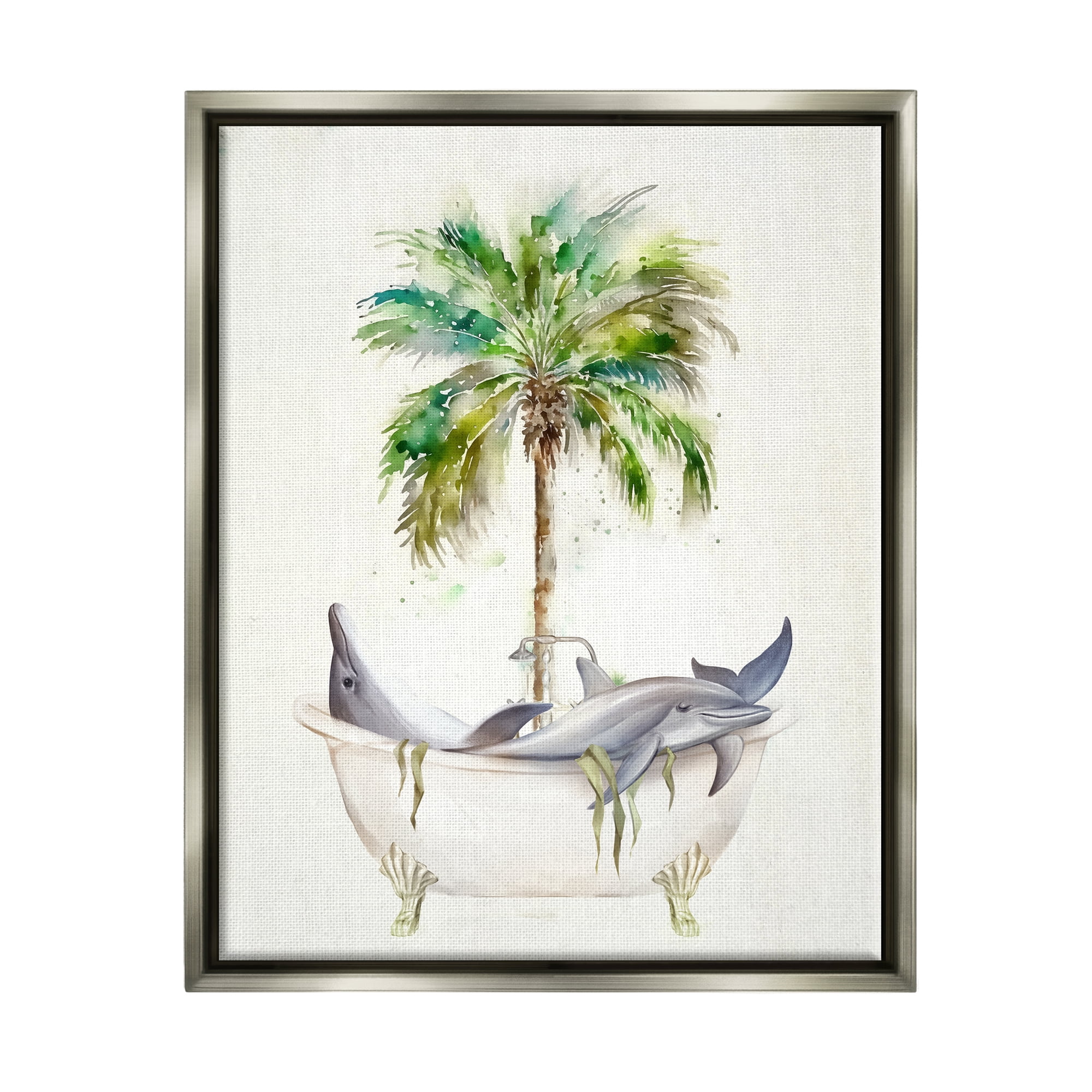 Stupell Tropical Dolphins Bathroom Tub Animals & Insects Painting Gray Floater Framed Art Print Wall Art