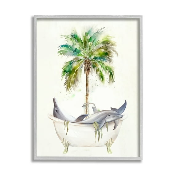 Stupell Tropical Dolphins Bathroom Tub Animals & Insects Painting Gray Framed Art Print Wall Art