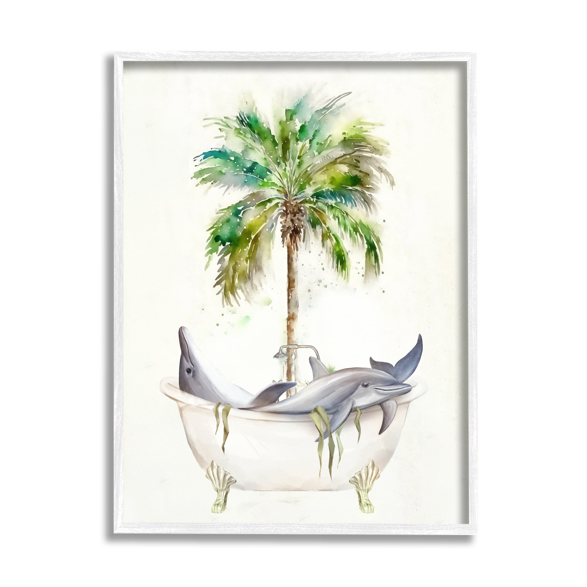 Stupell Tropical Dolphins Bathroom Tub Animals & Insects Painting White Framed Art Print Wall Art