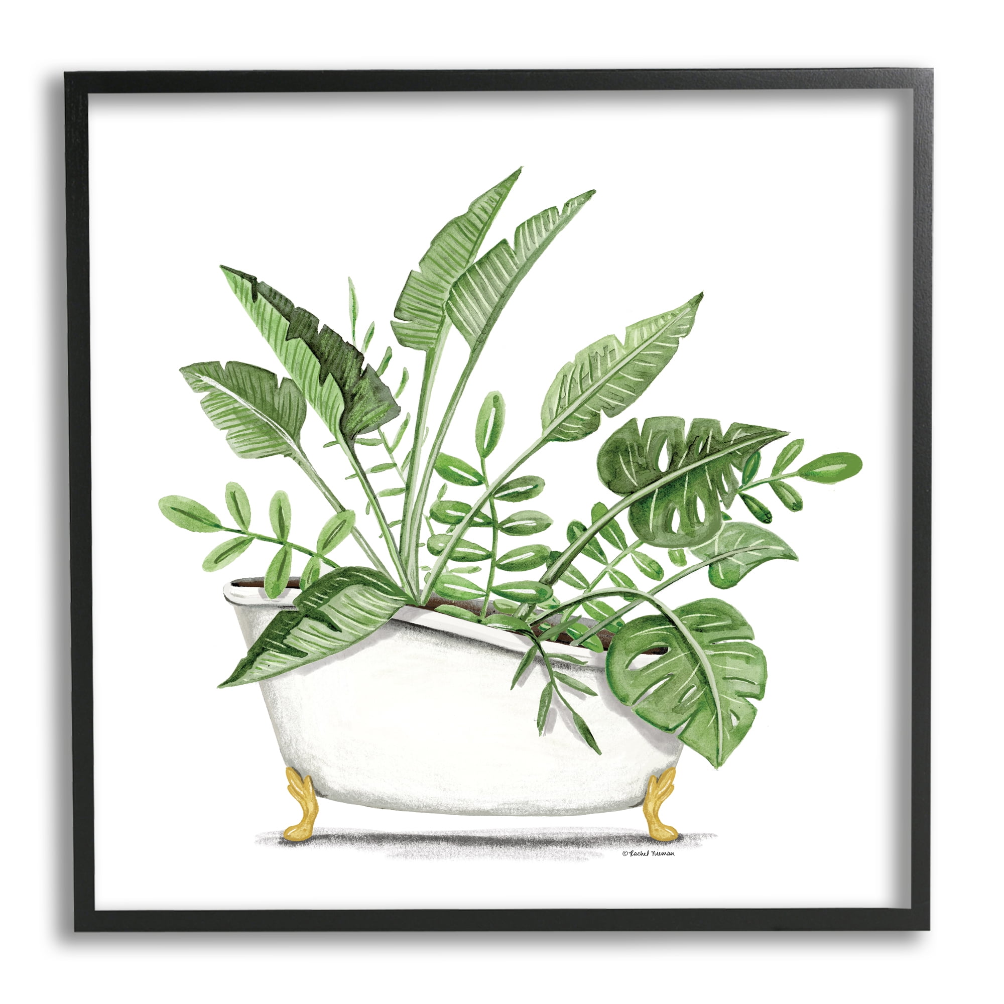 Stupell Tropical Monstera Plants Vintage Tub Typography Painting Black Framed Art Print Wall Art