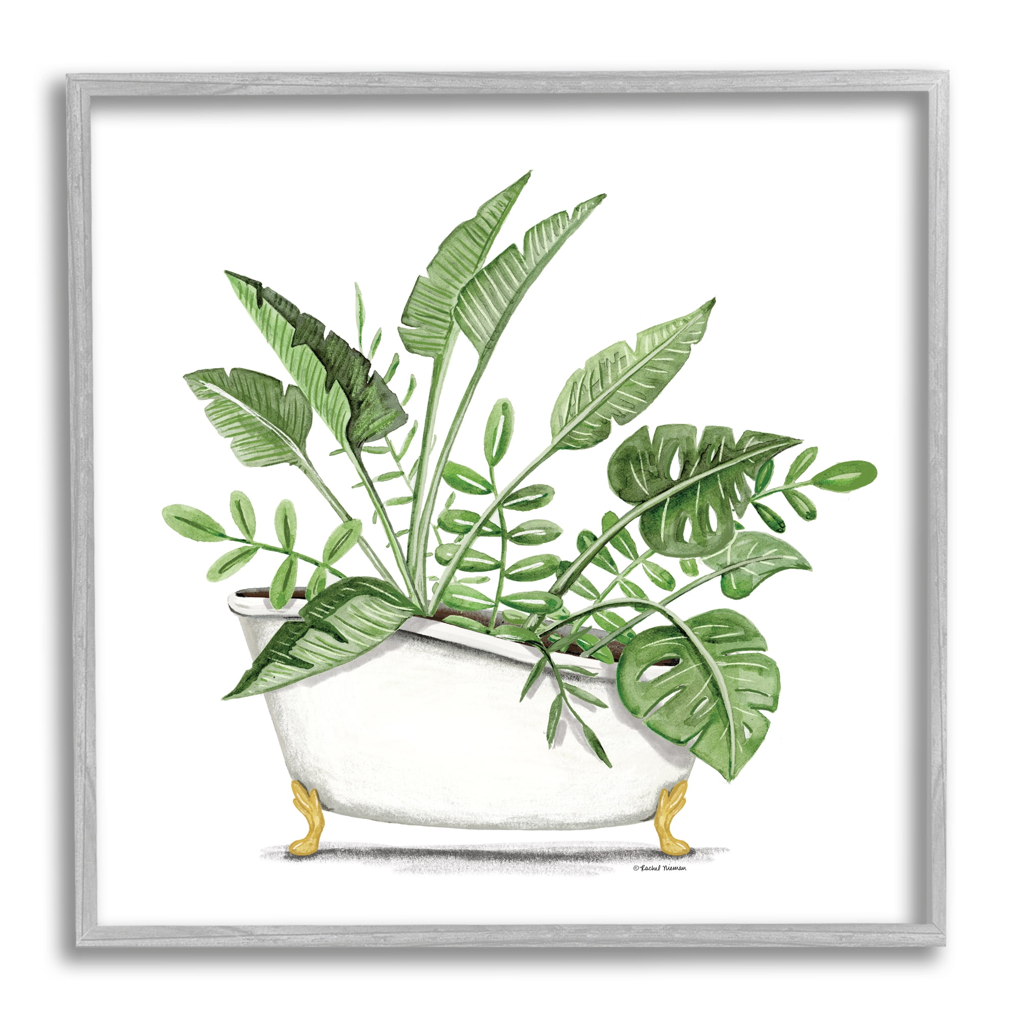 Stupell Tropical Monstera Plants Vintage Tub Typography Painting Gray Framed Art Print Wall Art