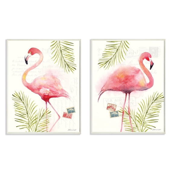Stupell Tropical Palm Flamingos Paintings 2pc Multi Piece Wood Wall Art Set, 10 x 15 - 10 x 15
