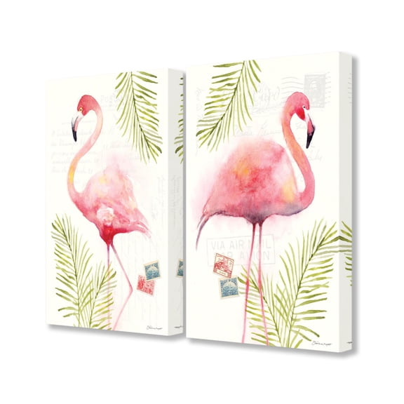 Stupell Tropical Palm Flamingos Watercolor 2pc Canvas Art, 16 x 20