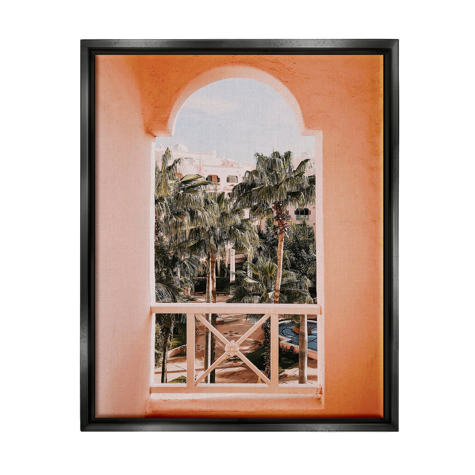 Tropical Palm Trees Window View Black Floater Framed Canvas Art