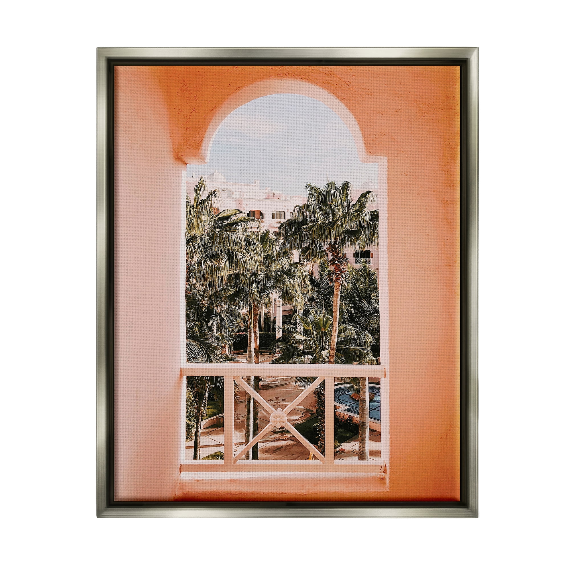 Stupell Tropical Palm Trees Window View Landscape Photography Gray Floater Framed Art Print Wall Art