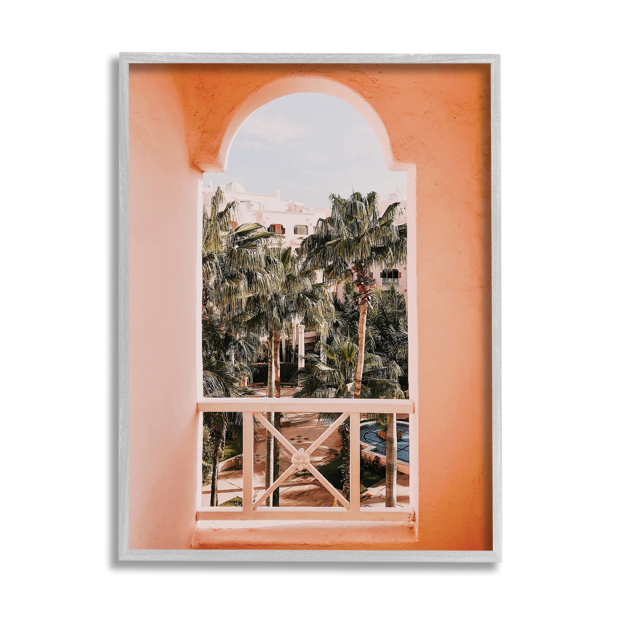 Gray Framed Tropical Palm Trees Window View Wood Wall Art