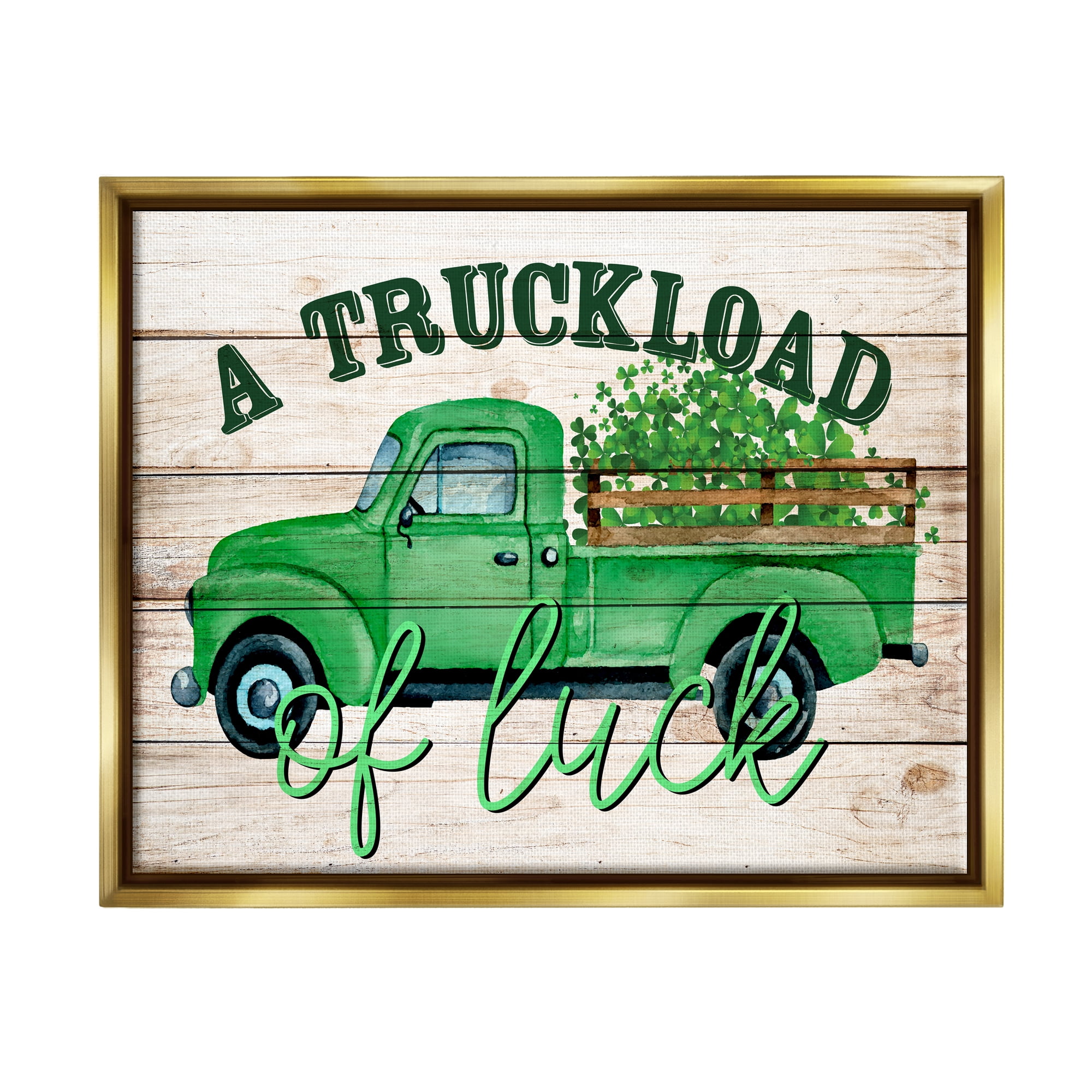 Stupell Truckload Of Luck St Patrick's Day Farmhouse Holiday Painting Gold Floater Framed Art Print Wall Art