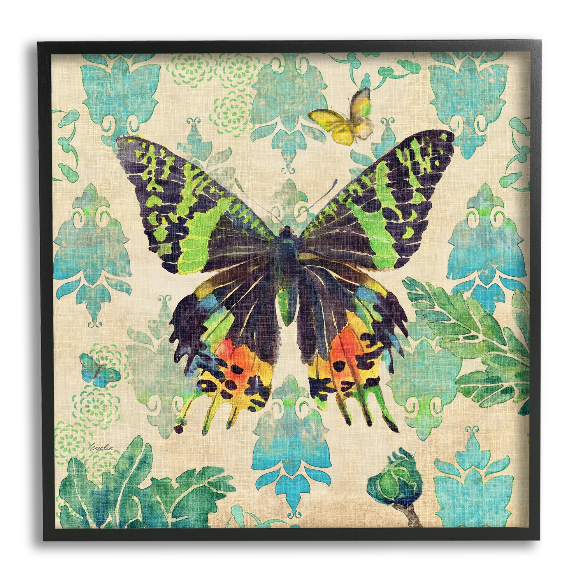 Stupell Turquoise Butterfly Damask Pattern Animals & Insects Painting Black Framed Art Print Wall Art