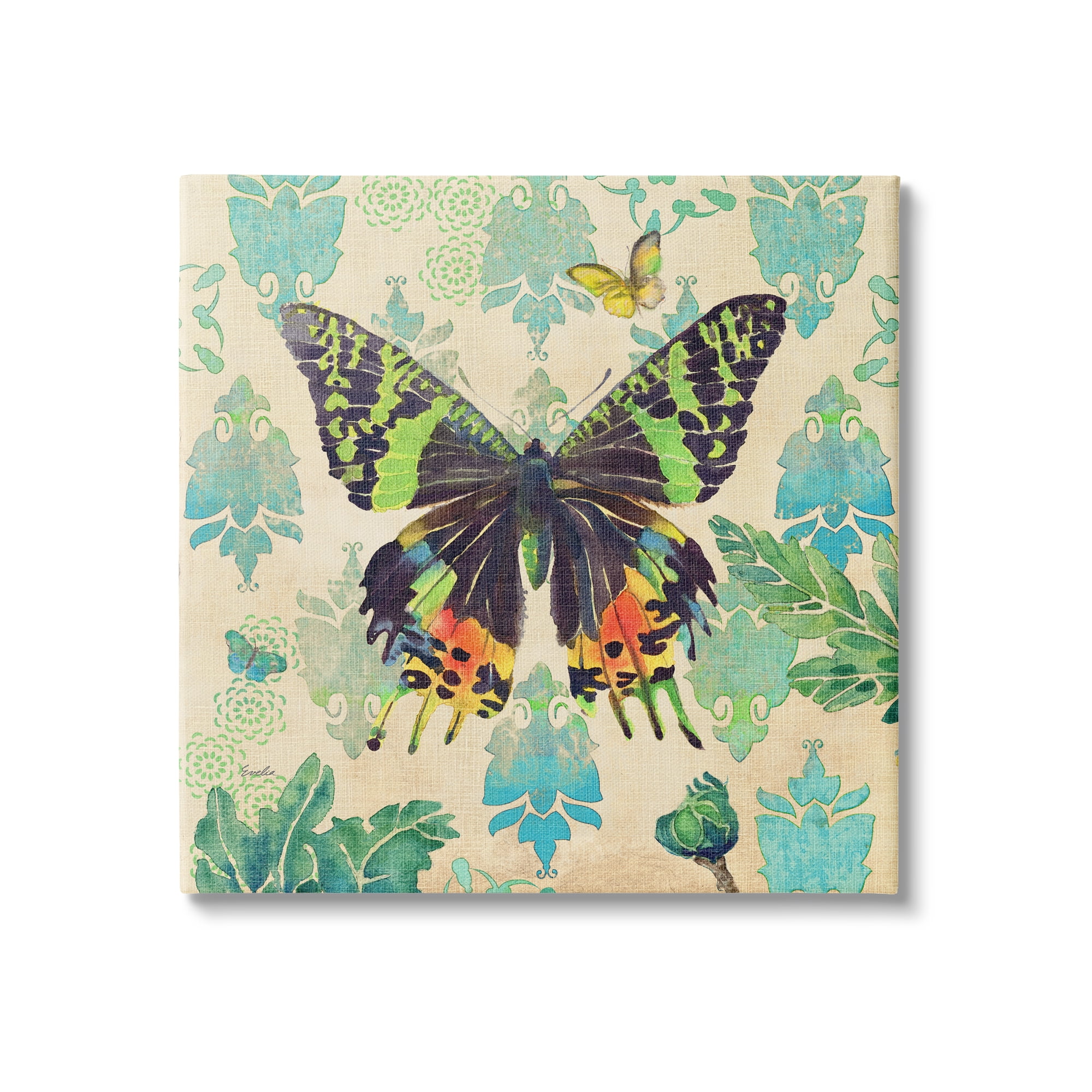 Stupell Turquoise Butterfly Damask Pattern Animals & Insects Painting Gallery Wrapped Canvas Print Wall Art