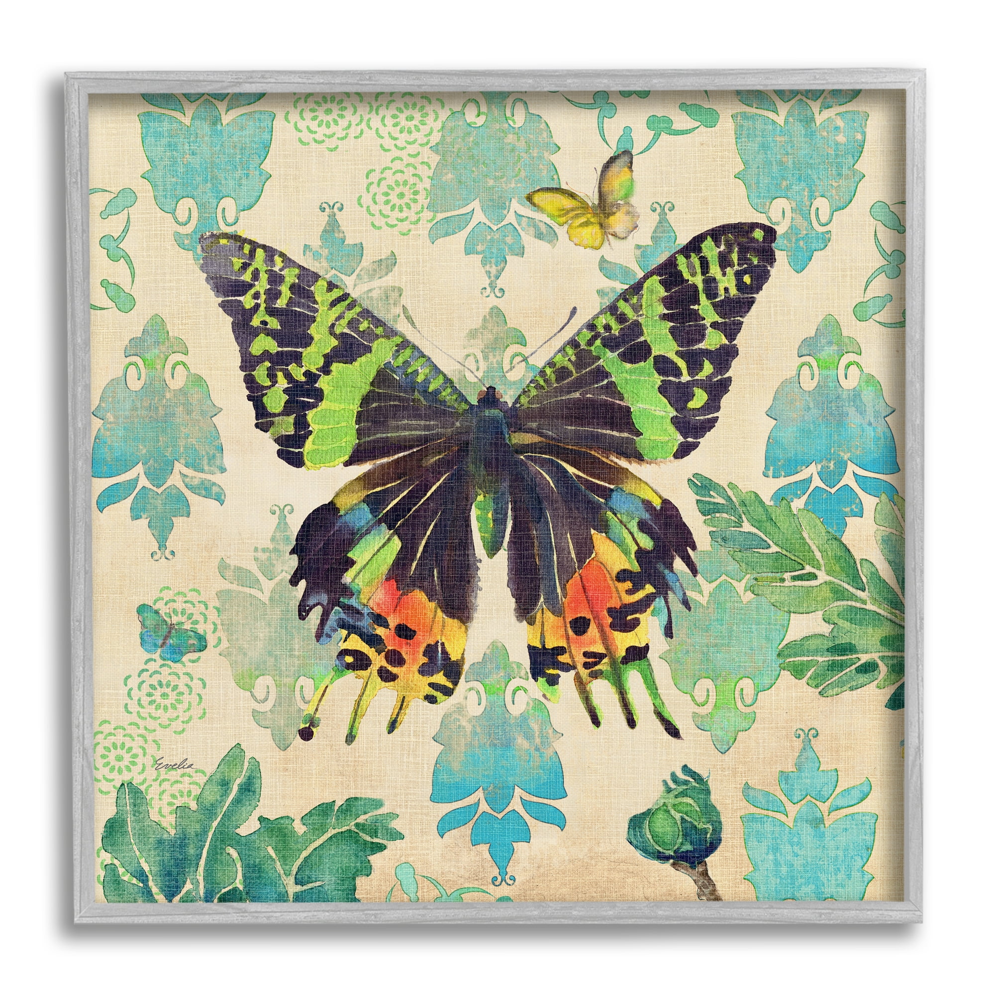 Stupell Turquoise Butterfly Damask Pattern Animals & Insects Painting Gray Framed Art Print Wall Art