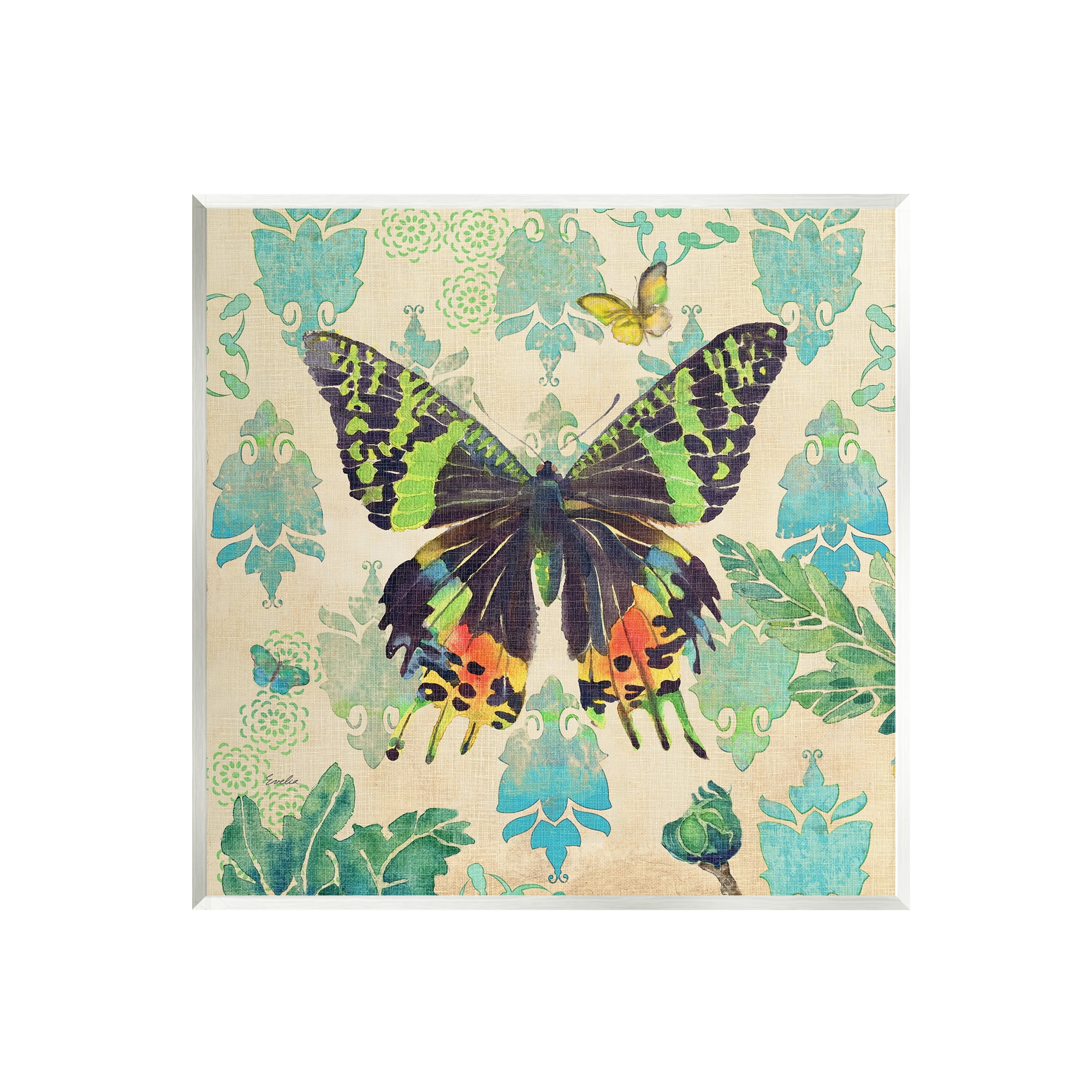 Stupell Turquoise Butterfly Damask Pattern Animals & Insects Painting Wall Plaque Unframed Art Print Wall Art