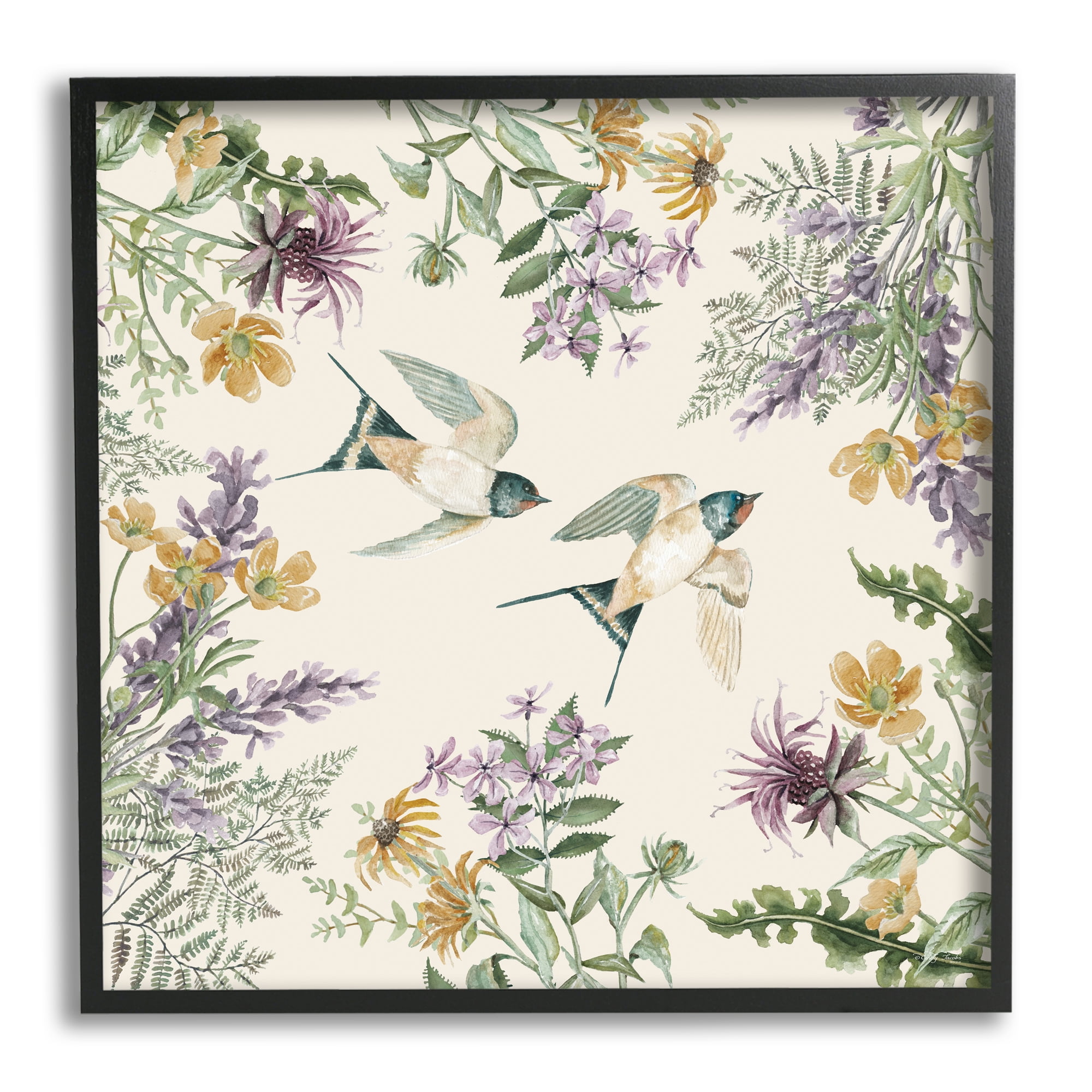 Stupell Two Birds Cottage Floral Herbs Animals & Insects Painting Black Framed Art Print Wall Art
