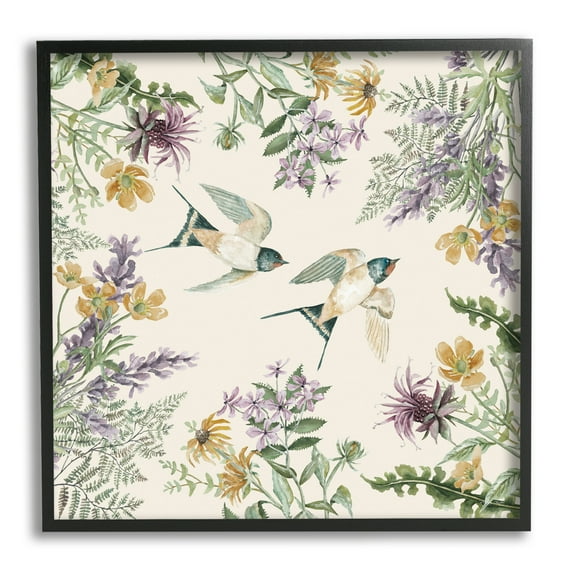 Stupell Two Birds Cottage Floral Herbs Animals & Insects Painting Black Framed Art Print Wall Art