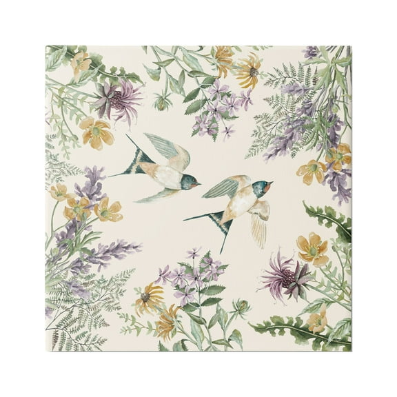 Stupell Two Birds Cottage Floral Herbs Animals & Insects Painting Gallery Wrapped Canvas Print Wall Art