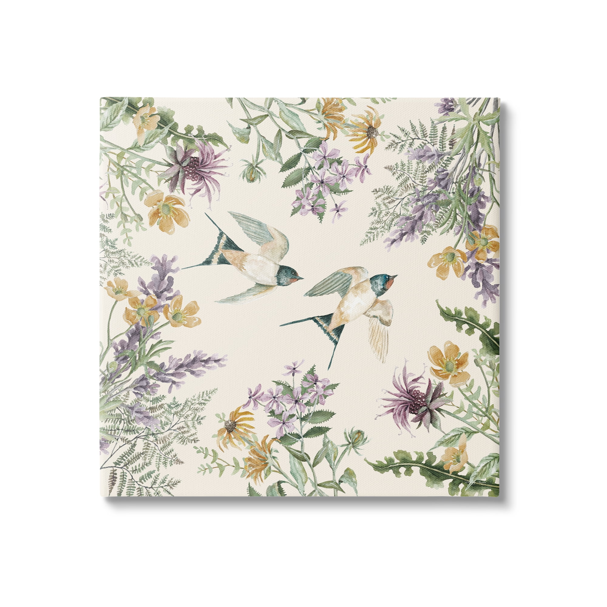 Stupell Two Birds Cottage Floral Herbs Animals & Insects Painting Gallery Wrapped Canvas Print Wall Art