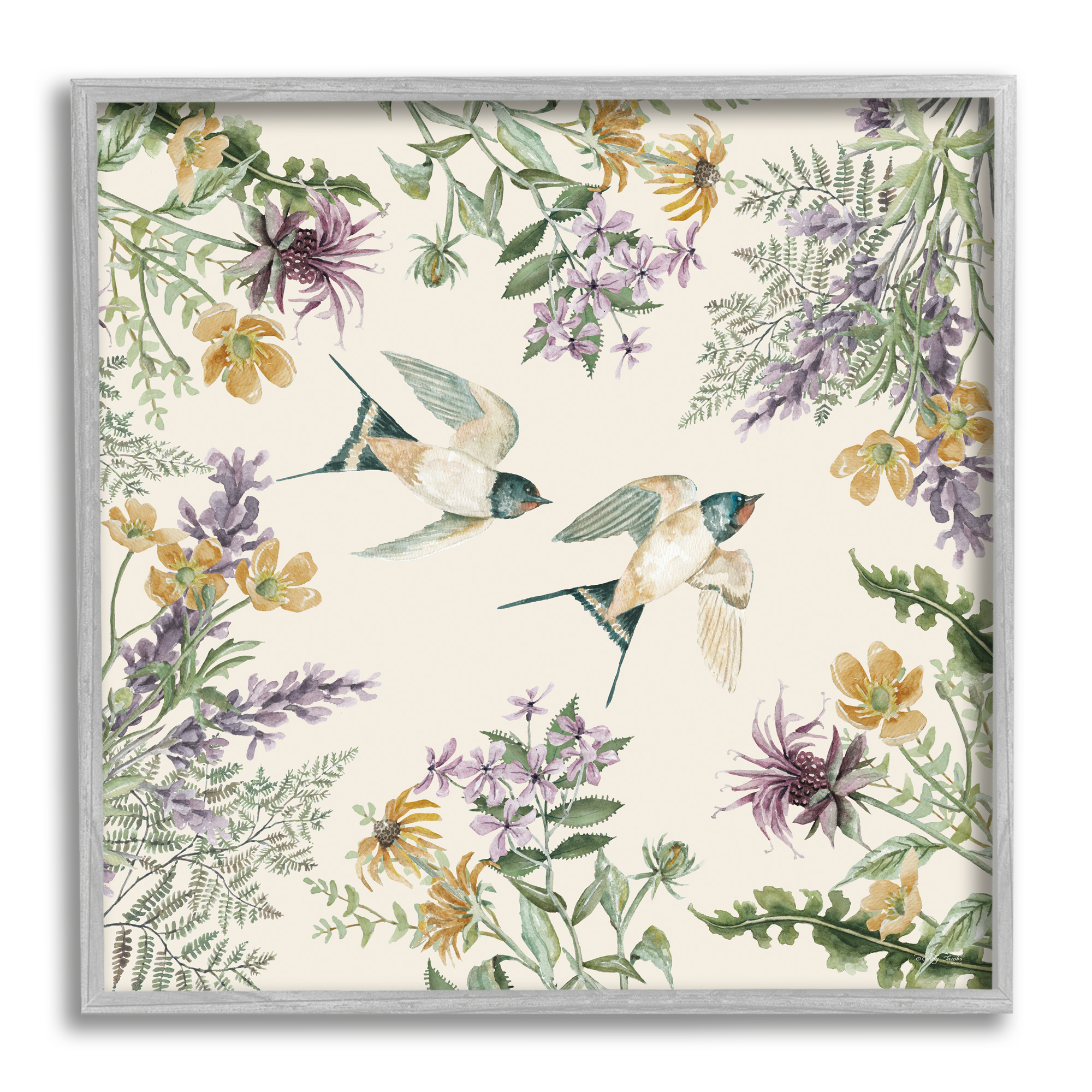 Stupell Two Birds Cottage Floral Herbs Animals & Insects Painting Gray Framed Art Print Wall Art