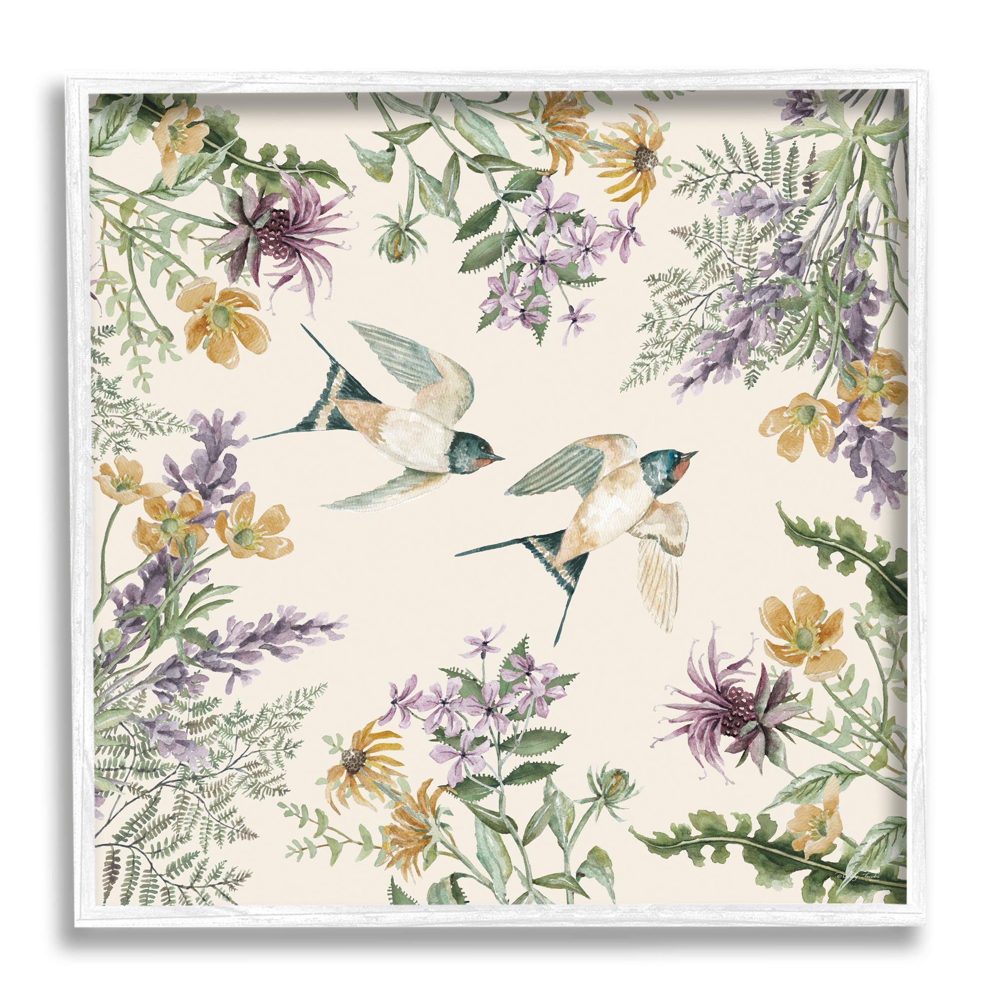 Stupell Two Birds Cottage Floral Herbs Animals & Insects Painting White Framed Art Print Wall Art