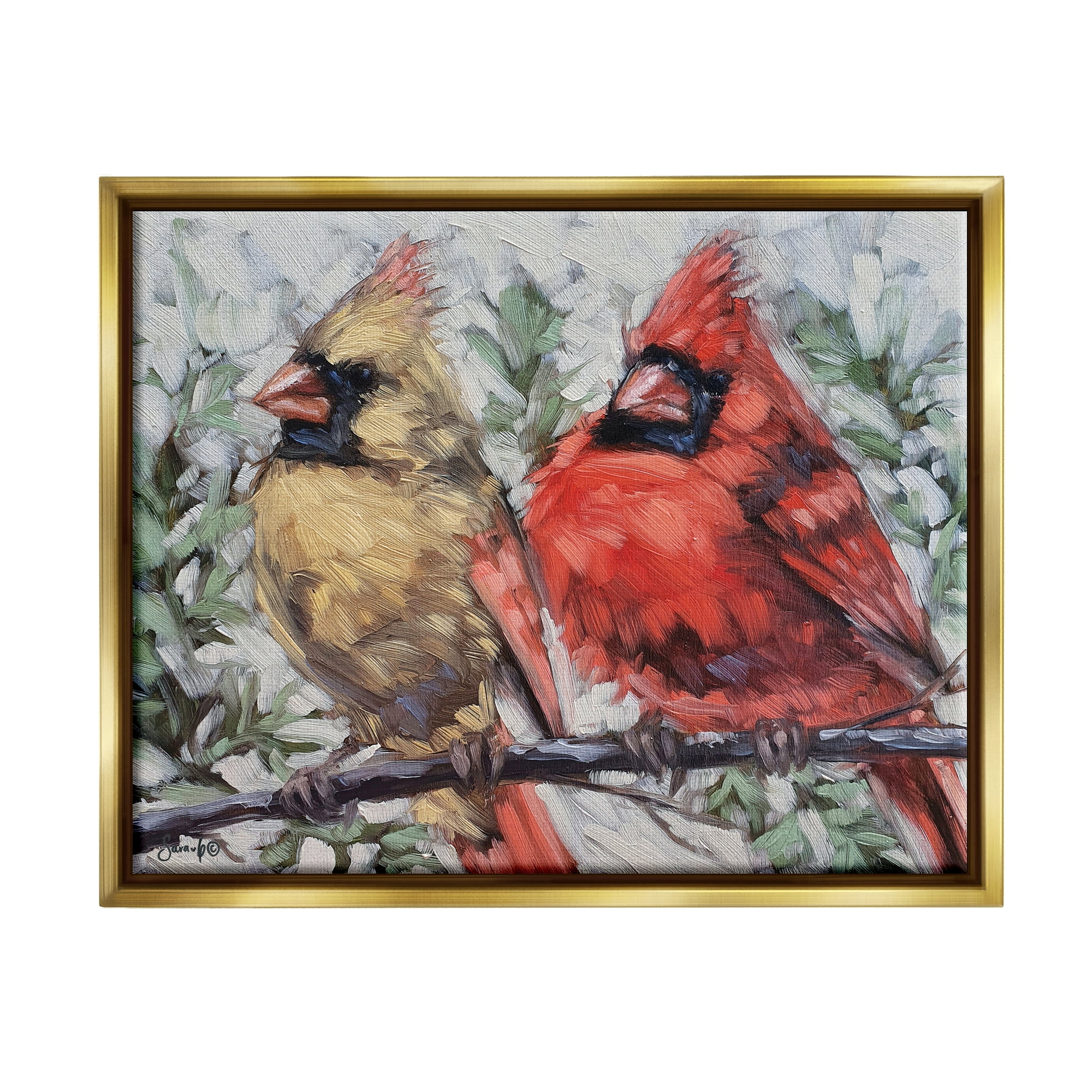 Stupell Two Cardinals Perched Winter Trees Animals & Insects Painting Gold Floater Framed Art Print Wall Art