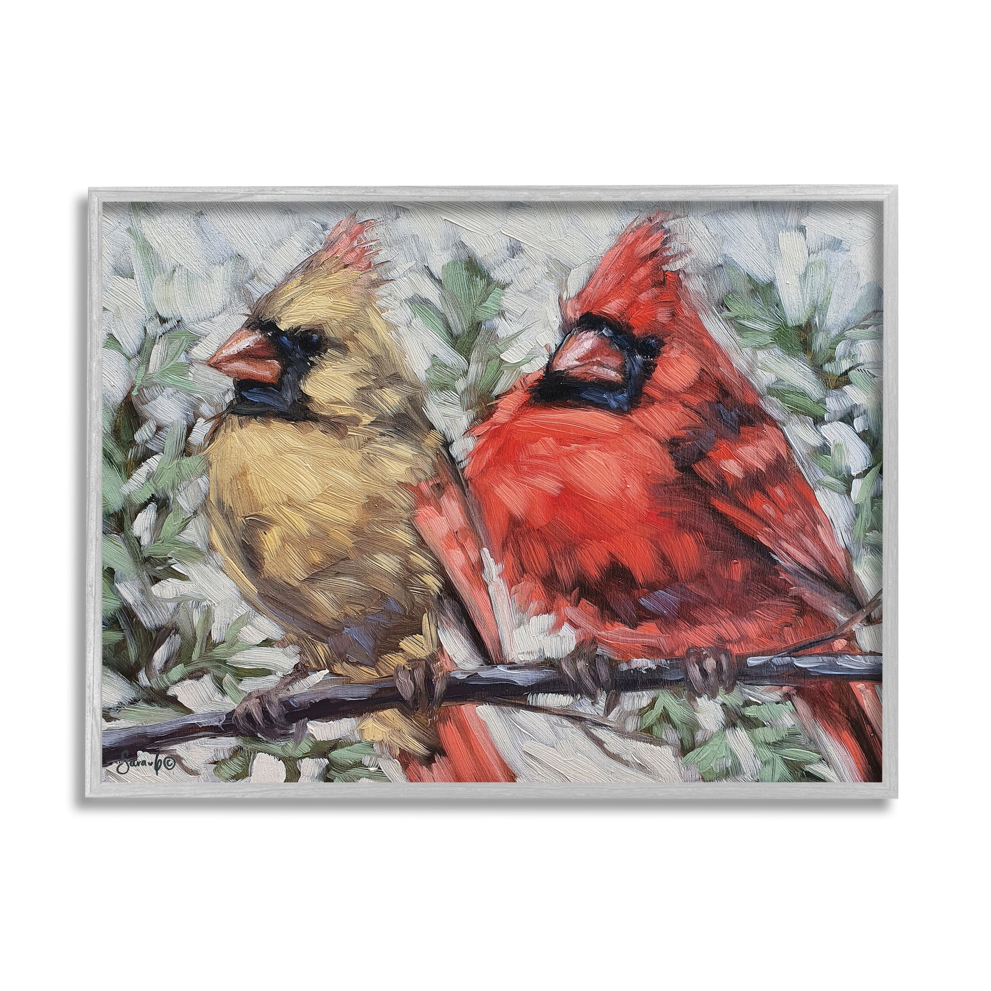 Gray Framed Winter Cardinals Painting Print on Wood