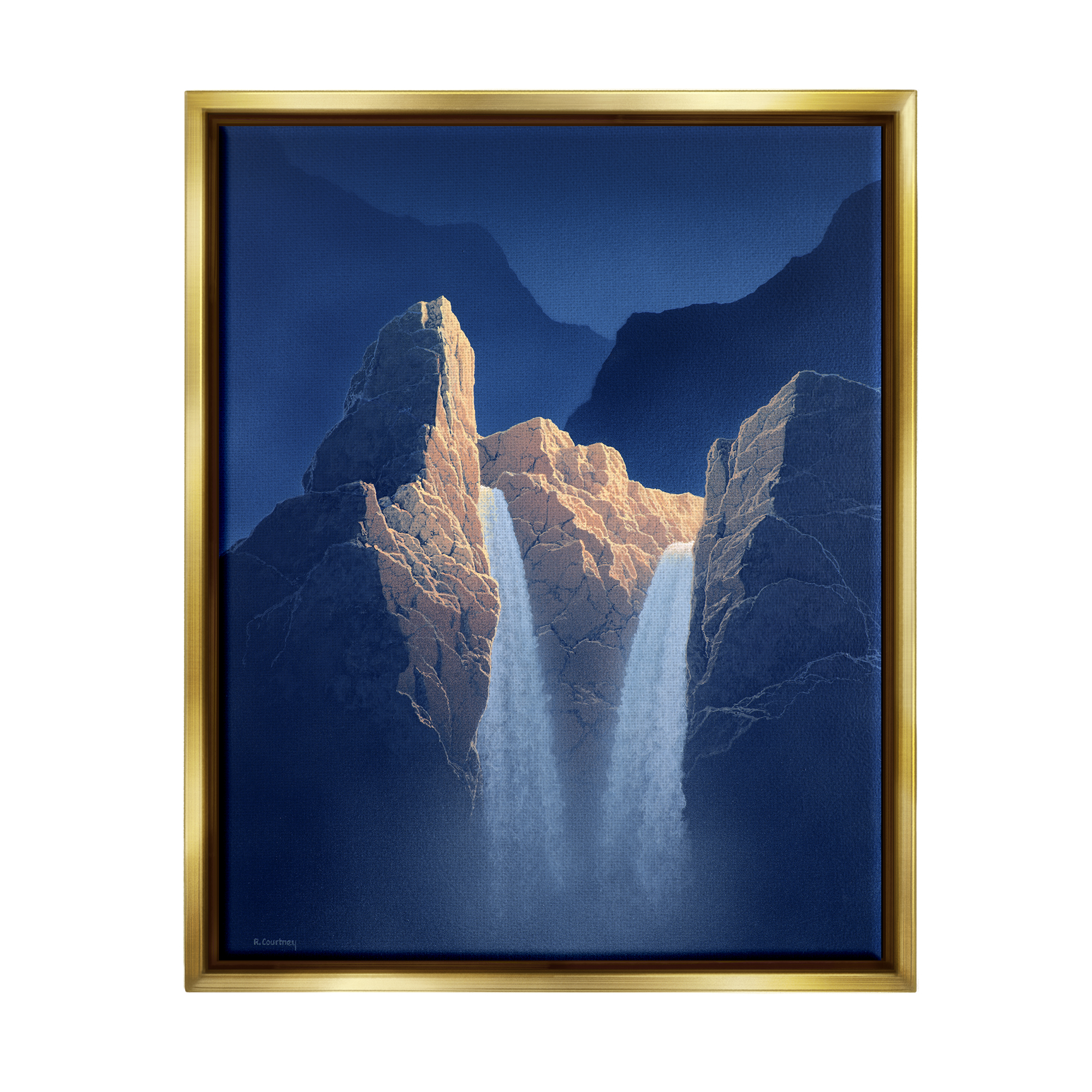 Stupell Two Waterfalls Nighttime Peaks Landscape Painting Gold Floater Framed Art Print Wall Art