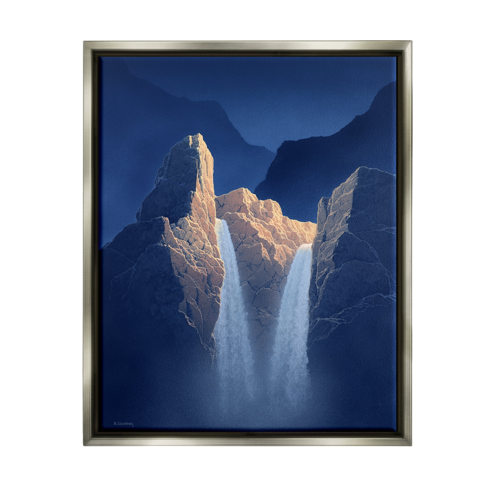 Stupell Two Waterfalls Nighttime Peaks Landscape Painting Gray Floater Framed Art Print Wall Art