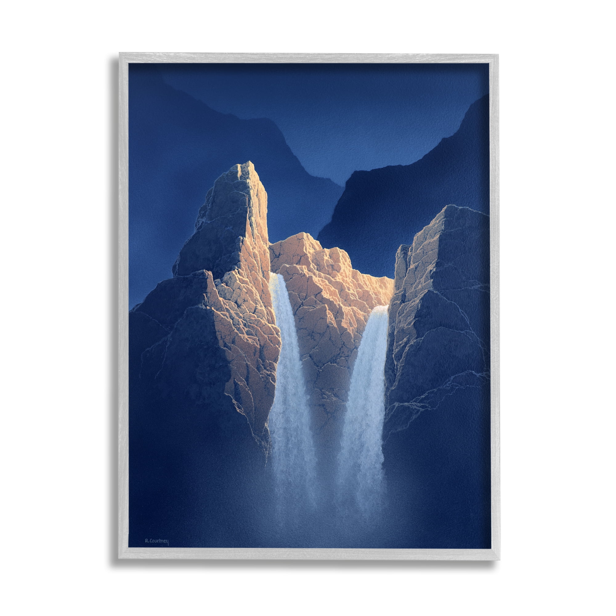 Stupell Two Waterfalls Nighttime Peaks Landscape Painting Gray Framed Art Print Wall Art