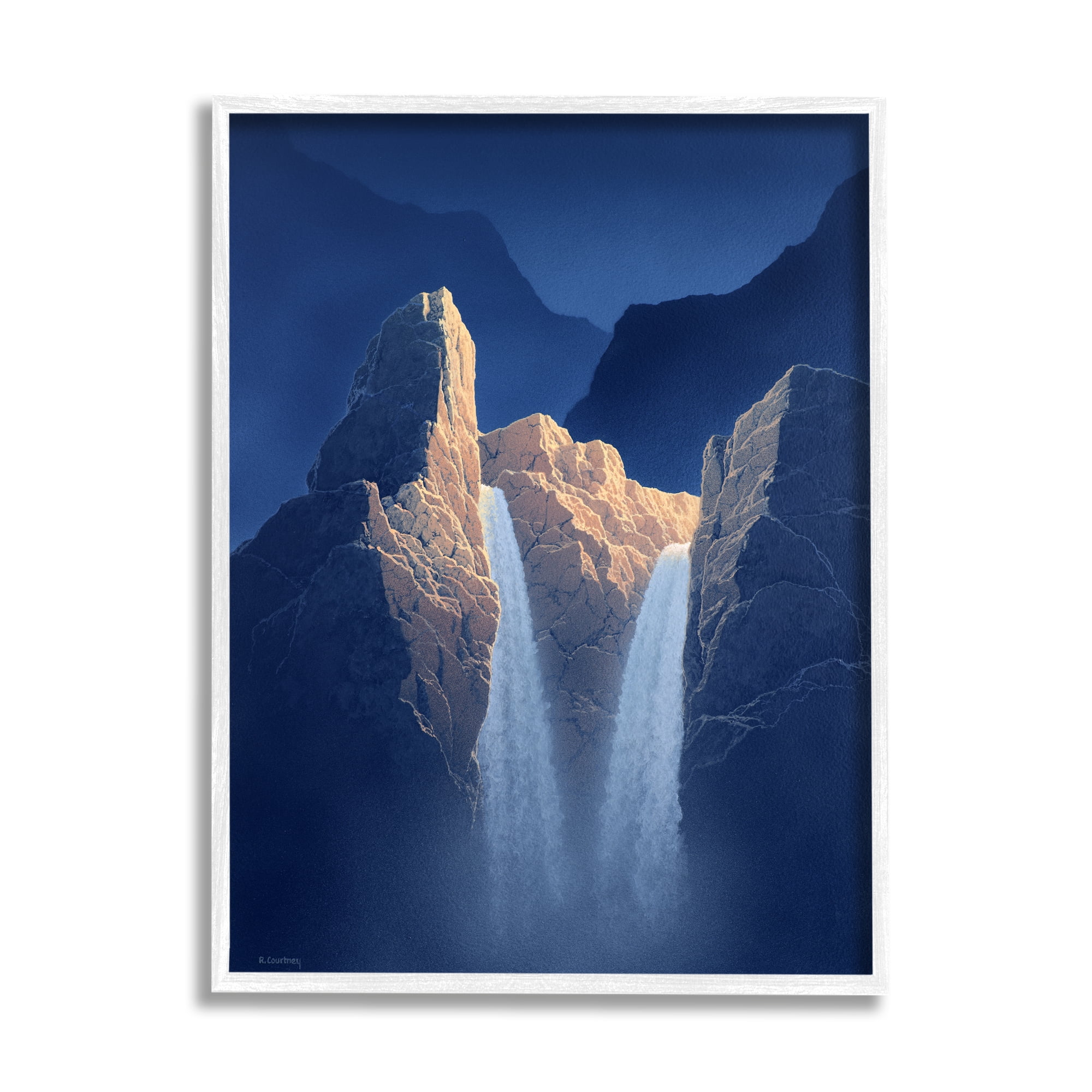 Stupell Two Waterfalls Nighttime Peaks Landscape Painting White Framed Art Print Wall Art
