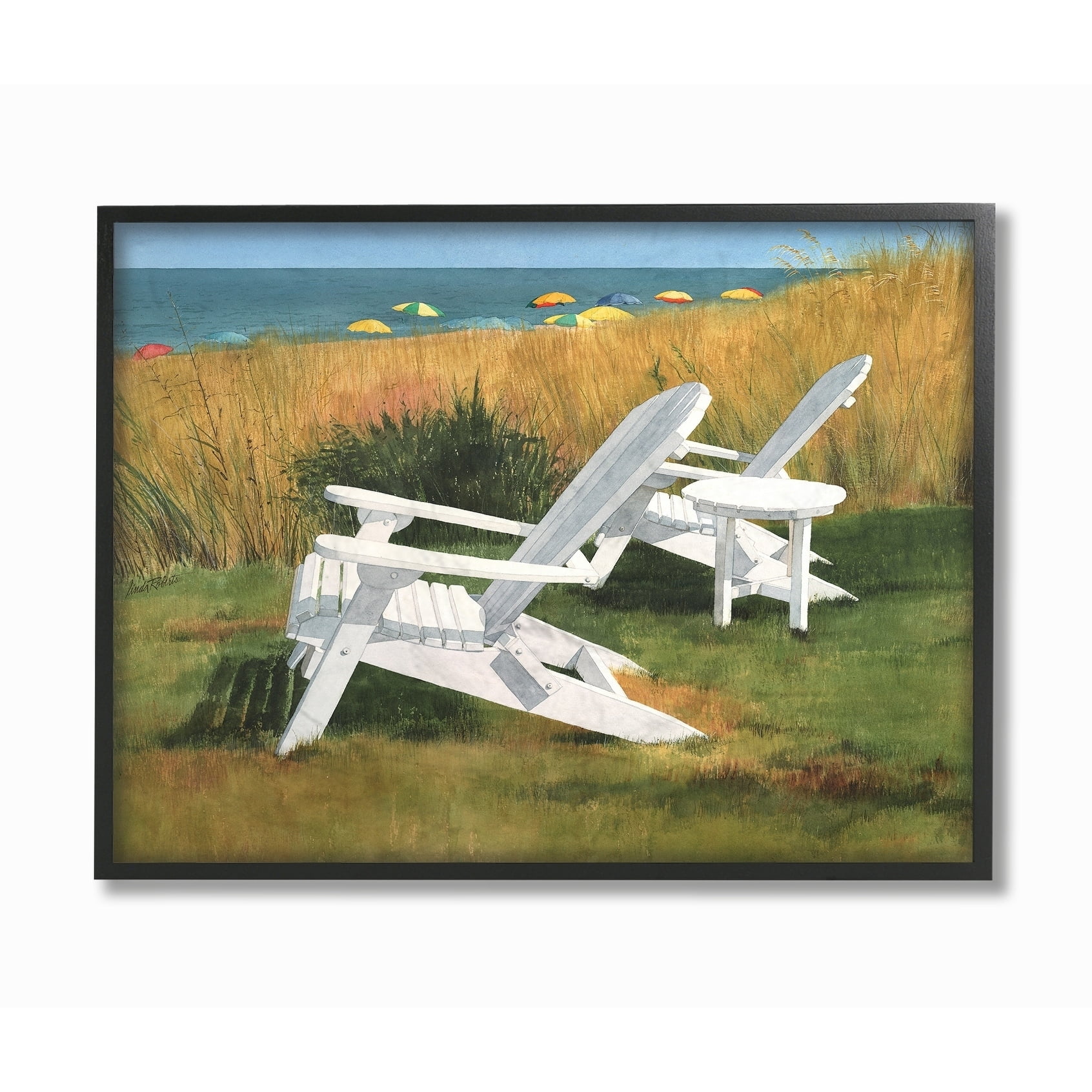 Stupell Two White Adirondack Chairs by Umbrella Beach Framed Art, 11 x 14, Design By Artist Linda Roberts 11 x 14