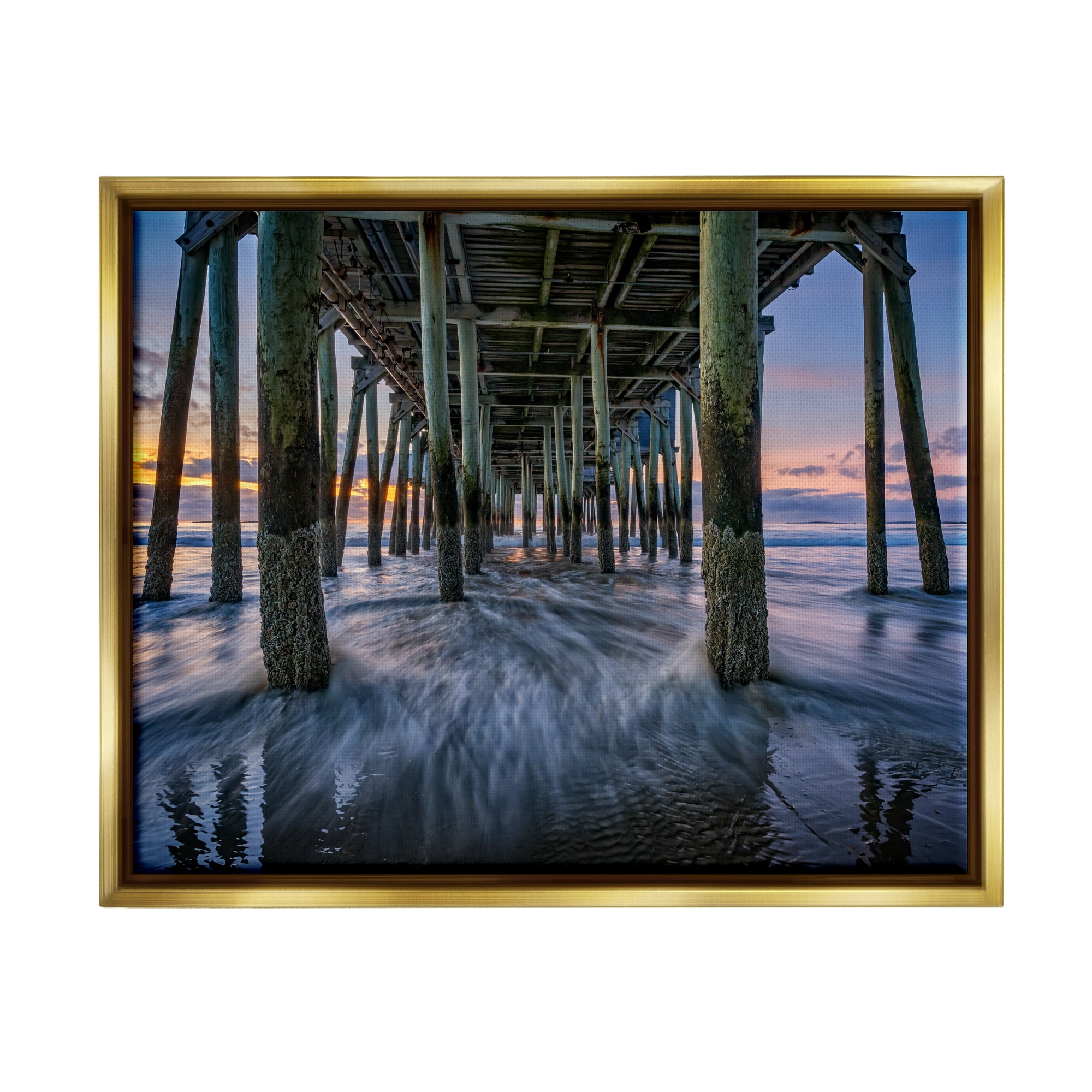 Stupell Under Pier Beach Waves Photography Landscape Photography Gold Floater Framed Art Print Wall Art