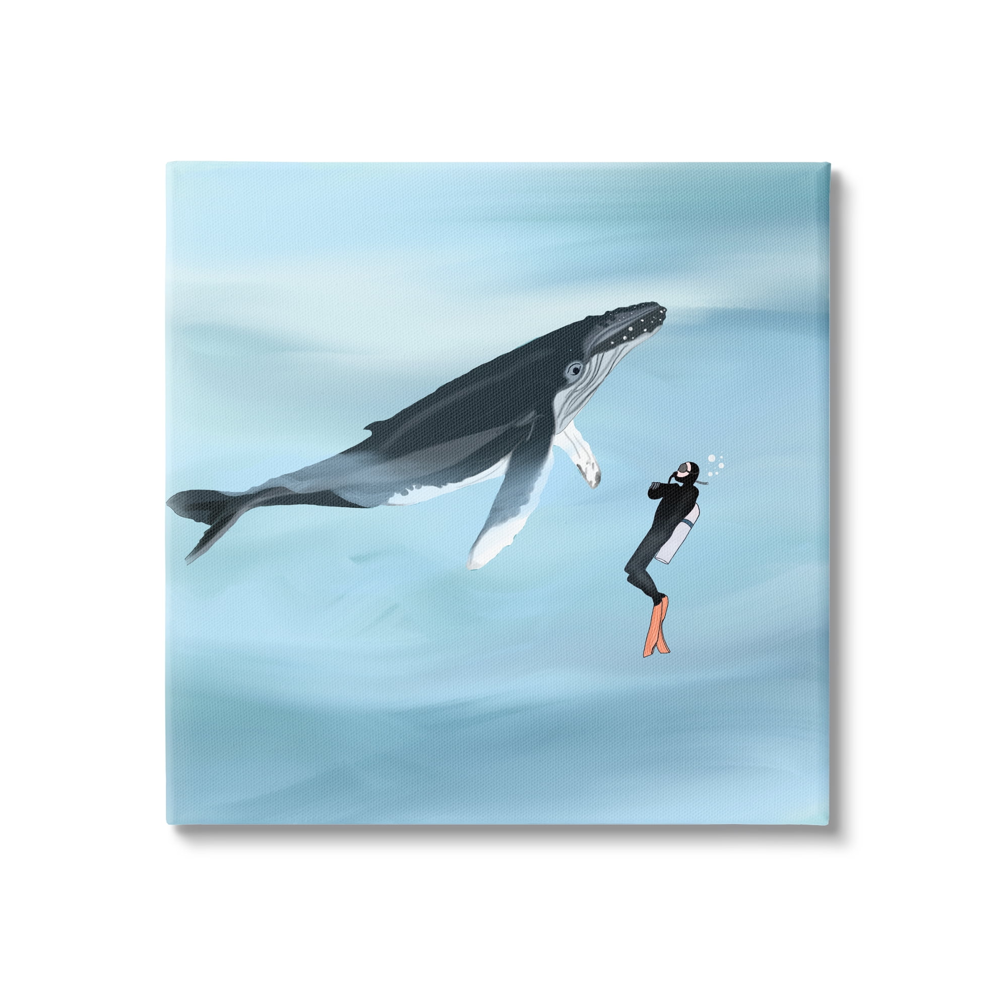 Stupell Underwater Scuba Diver & Whale Friends Landscape Painting Gallery Wrapped Canvas Print Wall Art