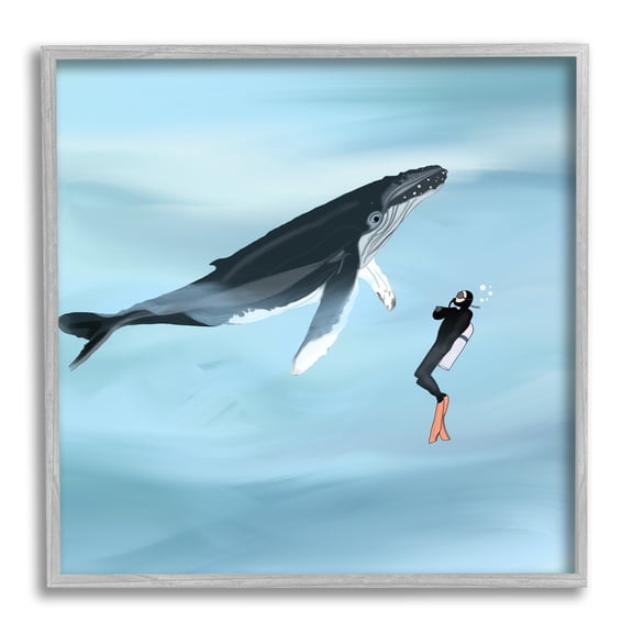 Stupell Underwater Scuba Diver & Whale Friends Landscape Painting Gray Framed Art Print Wall Art