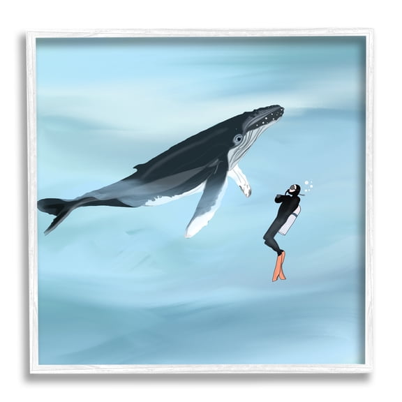 Stupell Underwater Scuba Diver & Whale Friends Landscape Painting White Framed Art Print Wall Art