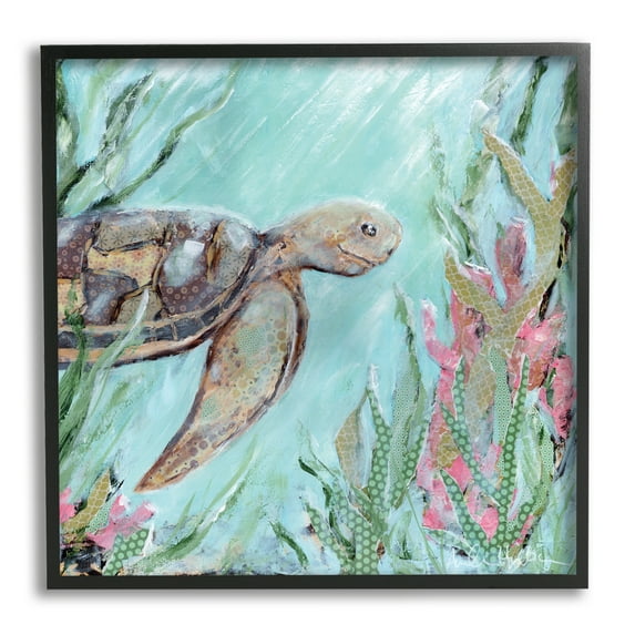 Stupell Underwater Sea Turtle Swimming Coral Landscape Painting Black Framed Art Print Wall Art