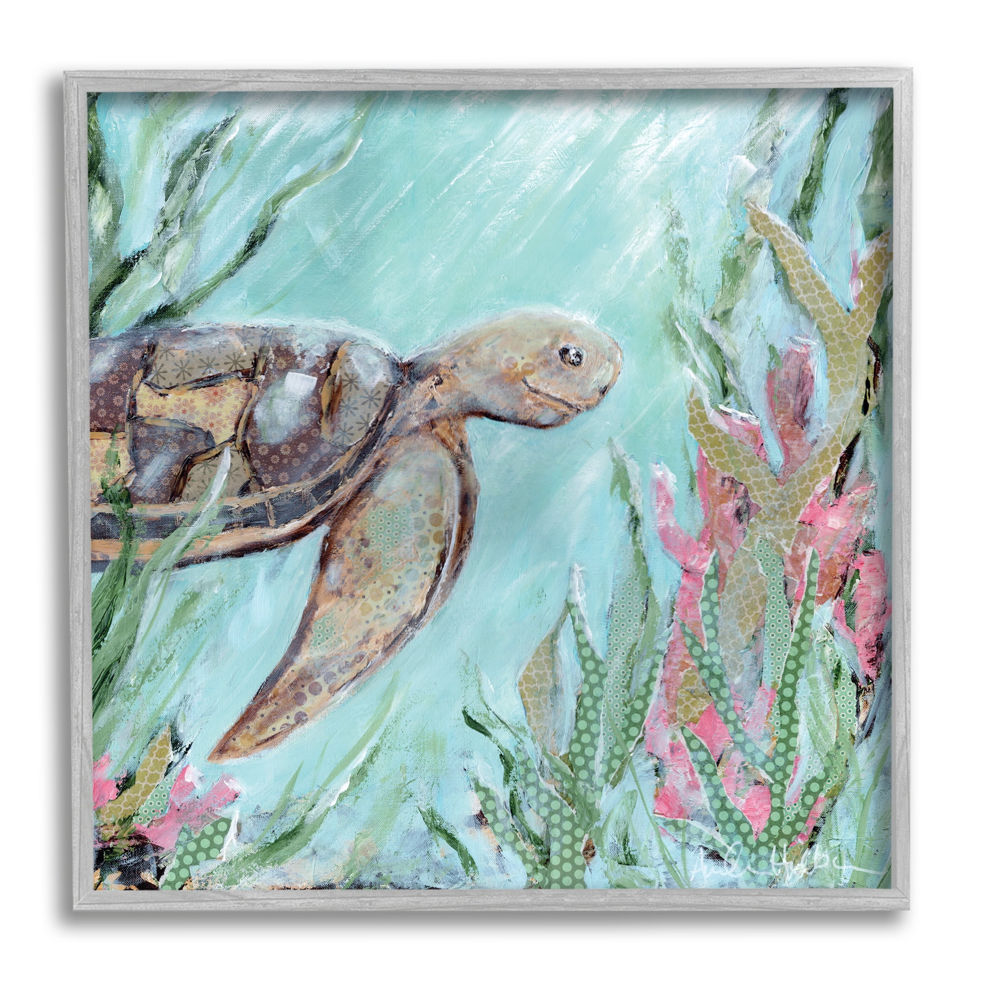 Stupell Underwater Sea Turtle Swimming Coral Landscape Painting Gray Framed Art Print Wall Art