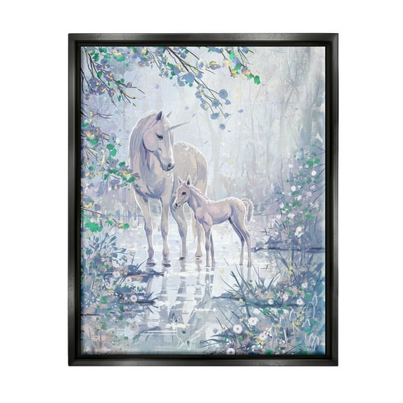 Stupell Unicorn Magical Forest Meadow Fairy Tales & Fantasy Painting Black Floater Framed Art Print Wall Art