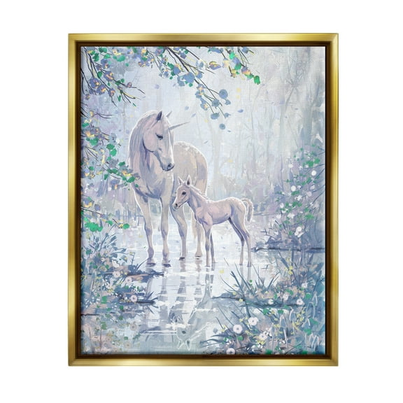 Stupell Unicorn Magical Forest Meadow Fairy Tales & Fantasy Painting Gold Floater Framed Art Print Wall Art