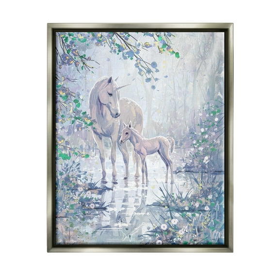 Stupell Unicorn Magical Forest Meadow Fairy Tales & Fantasy Painting Gray Floater Framed Art Print Wall Art