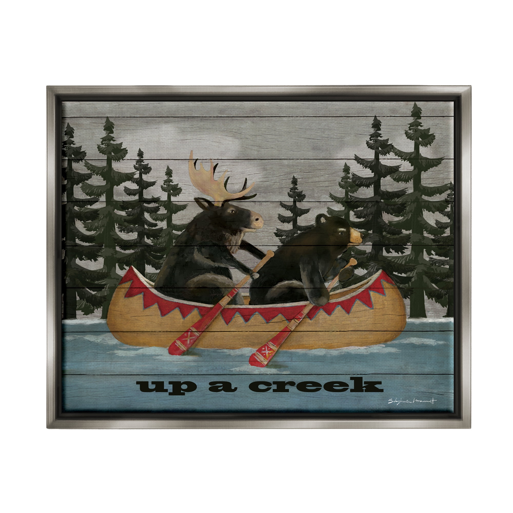 Stupell Up A Creek Woodland Cabin Canoe Transportation Painting Gray Floater Framed Art Print Wall Art