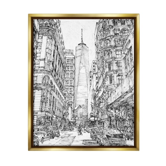 Stupell Urban City Metropolis One World Trade Center Travel & Places Drawing Gold Floater Framed Art Print Wall Art
