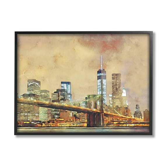 Stupell Urban Cityscape Bridge Metropolis Travel & Places Painting Black Framed Art Print Wall Art