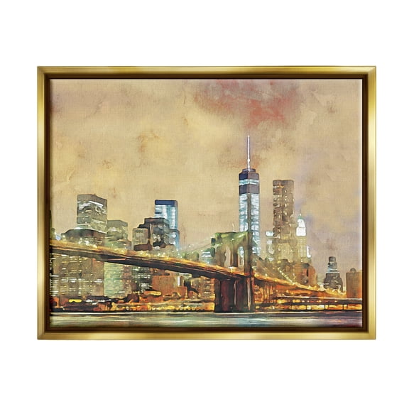 Stupell Urban Cityscape Bridge Metropolis Travel & Places Painting Gold Floater Framed Art Print Wall Art