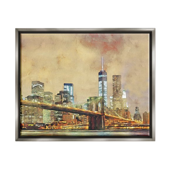 Stupell Urban Cityscape Bridge Metropolis Travel & Places Painting Gray Floater Framed Art Print Wall Art
