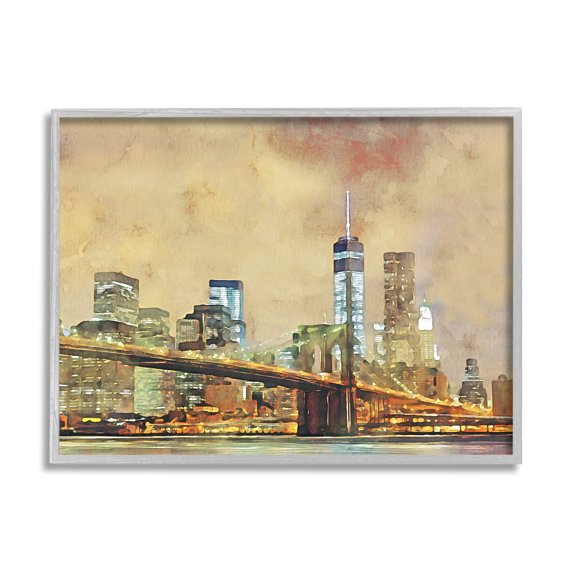 Stupell Urban Cityscape Bridge Metropolis Travel & Places Painting Gray Framed Art Print Wall Art