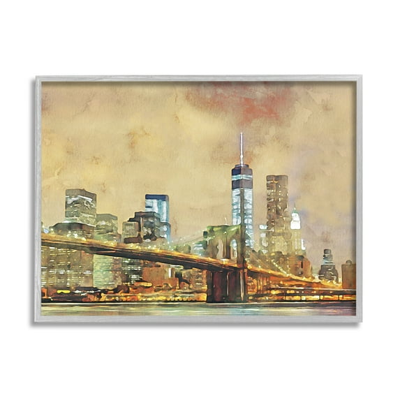 Stupell Urban Cityscape Bridge Metropolis Travel & Places Painting Gray Framed Art Print Wall Art