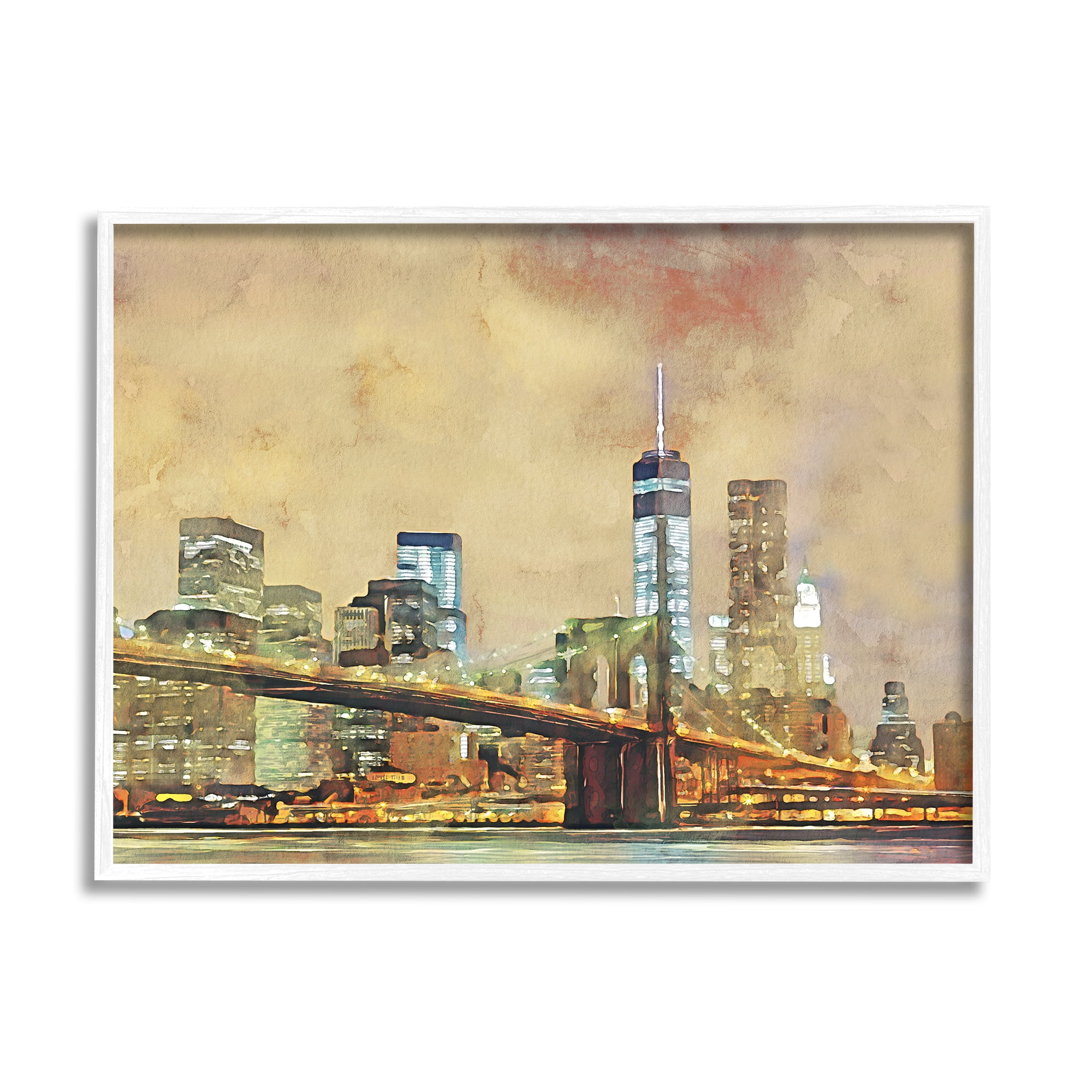Stupell Urban Cityscape Bridge Metropolis Travel & Places Painting White Framed Art Print Wall Art