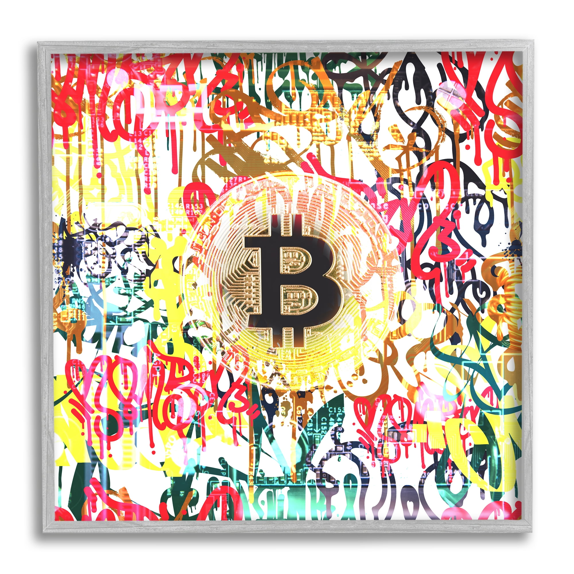 Stupell Urban Graffiti Bitcoin Symbol Beauty & Fashion Painting Gray Framed Art Print Wall Art