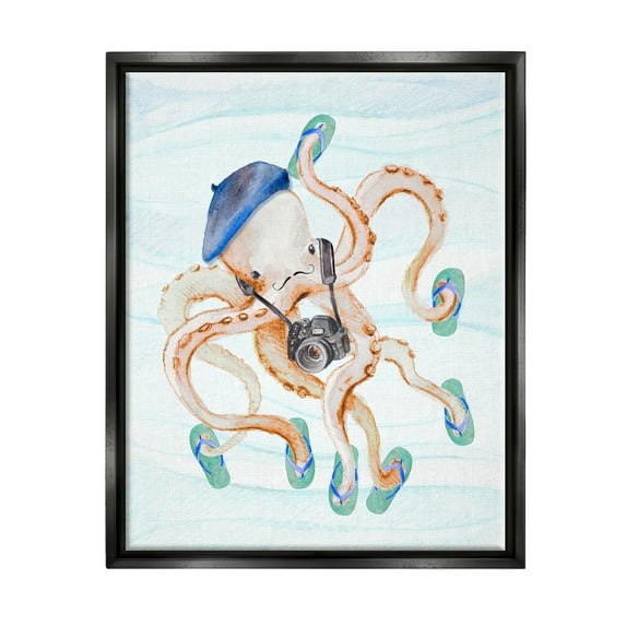Stupell Vacation Tourist Octopus Funny Landscape Painting Black Floater Framed Art Print Wall Art