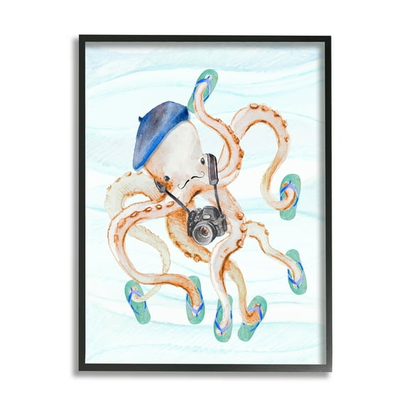 Stupell Vacation Tourist Octopus Funny Landscape Painting Black Framed Art Print Wall Art